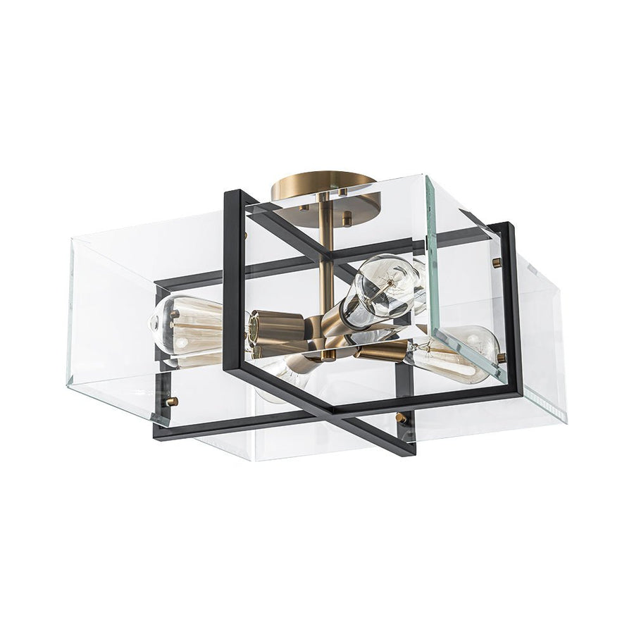 Chandelierias - Modern 4 - Light Square Cage Clear Beveled Glass Semi - Flush Mount - Semi Flush - Black & Brass - 