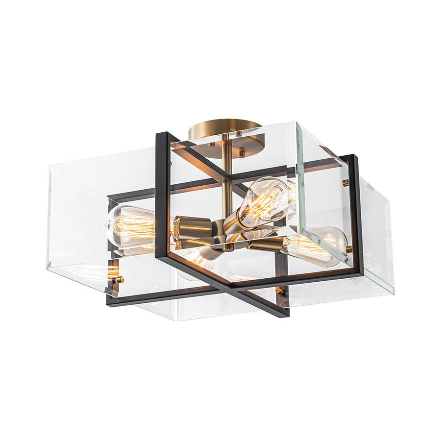 Chandelierias - Modern 4 - Light Square Cage Clear Beveled Glass Semi - Flush Mount - Semi Flush - Black & Brass - 