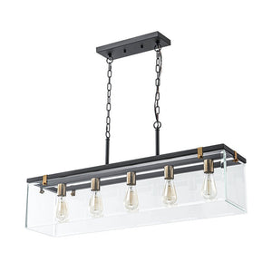 Chandelierias - Modern 5 - Light Clear Glass Rectangle Island Chandelier - Chandelier - Black & Brass - 