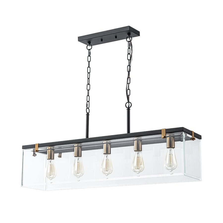 Chandelierias - Modern 5 - Light Clear Glass Rectangle Island Chandelier - Chandelier - Black & Brass - 