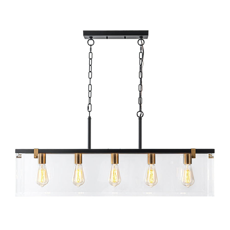 Chandelierias - Modern 5 - Light Clear Glass Rectangle Island Chandelier - Chandelier - Black & Brass - 