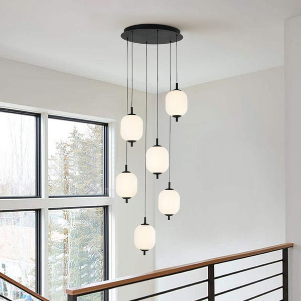 Chandelierias - Modern 6 - Light Ribbed Lantern Staircase Dimmable LED Pendant - Pendant - Matte Black - 
