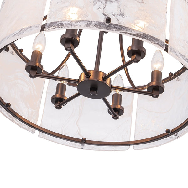 Chandelierias-Modern 6-Light White Stire Patterned Glass Drum Pendant-Chandeliers-Black-