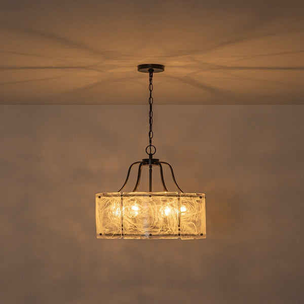 Chandelierias-Modern 6-Light White Stire Patterned Glass Drum Pendant-Chandeliers-Black-