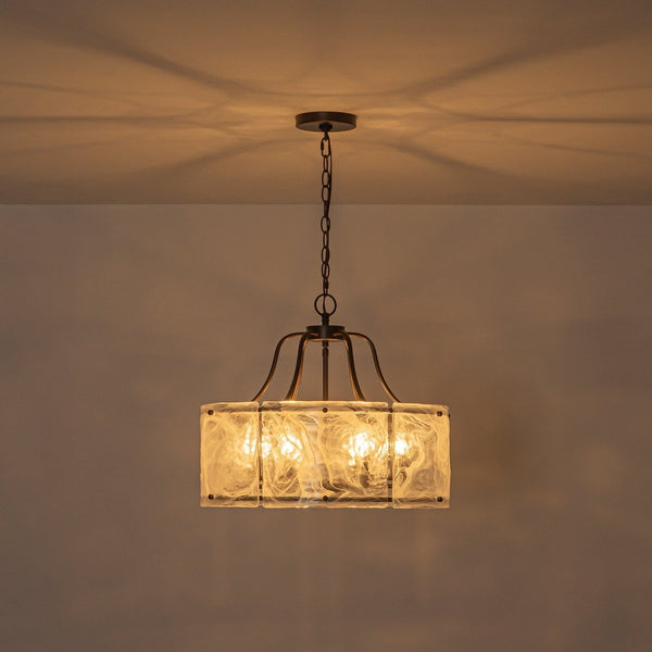 Chandelierias-Modern 6-Light White Stire Patterned Glass Drum Pendant-Chandeliers-Black-