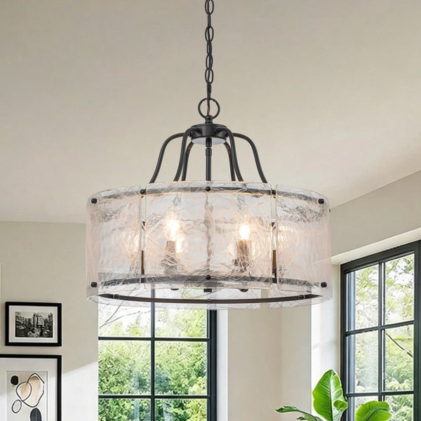 Chandelierias-Modern 6-Light White Stire Patterned Glass Drum Pendant-Chandeliers-Black-