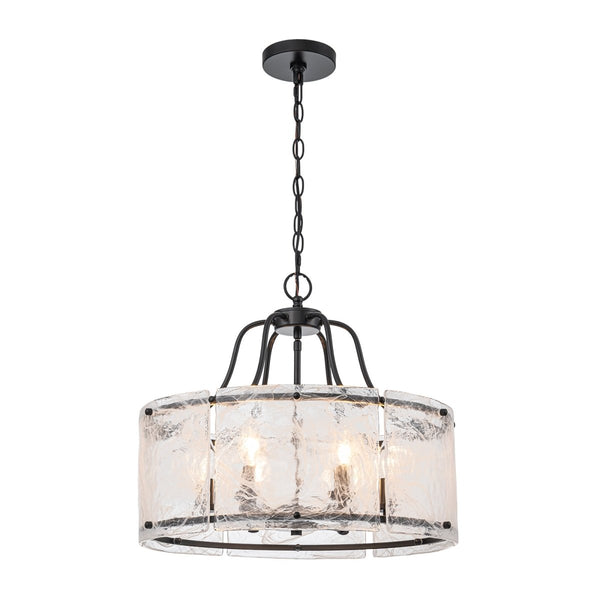 Chandelierias-Modern 6-Light White Stire Patterned Glass Drum Pendant-Chandeliers-Black-