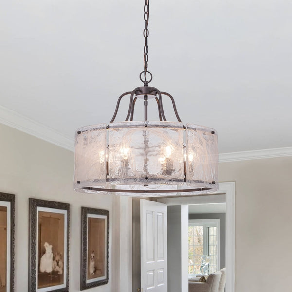 Chandelierias-Modern 6-Light White Stire Patterned Glass Drum Pendant-Chandeliers-Oil-rubbed Bronze-