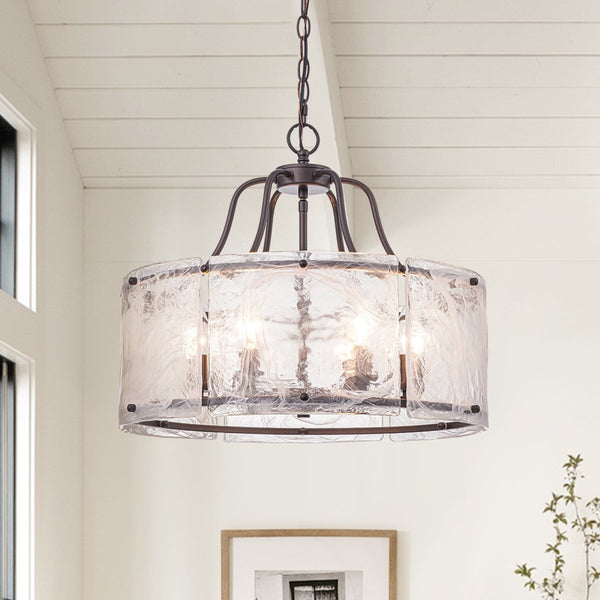 Chandelierias-Modern 6-Light White Stire Patterned Glass Drum Pendant-Chandeliers-Oil-rubbed Bronze-