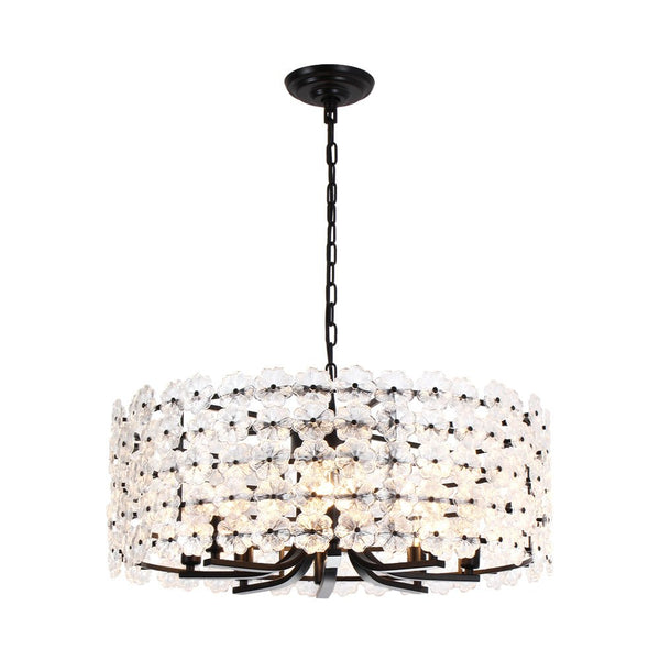 Chandelierias - Modern 8 - Light Dimmable Flower Glass Drum Pendant Chandelier - Pendant - Black - 