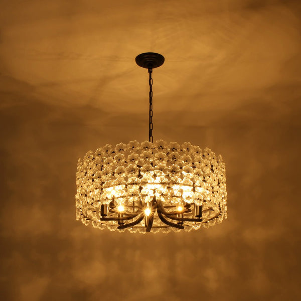 Chandelierias - Modern 8 - Light Dimmable Flower Glass Drum Pendant Chandelier - Pendant - Black - 