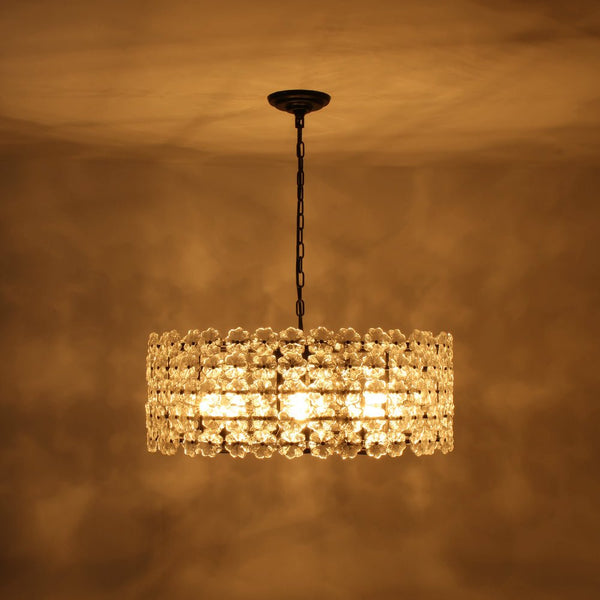 Chandelierias - Modern 8 - Light Dimmable Flower Glass Drum Pendant Chandelier - Pendant - Black - 