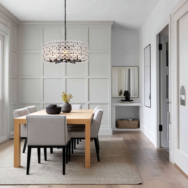 Chandelierias - Modern 8 - Light Dimmable Flower Glass Drum Pendant Chandelier - Pendant - Black - 