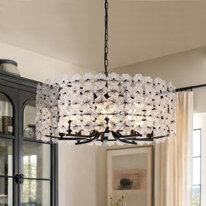 Chandelierias - Modern 8 - Light Dimmable Flower Glass Drum Pendant Chandelier - Pendant - Black - 
