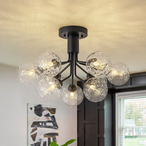 Chandelierias - Modern 9 - Light Hammered Glass Sputnik Semi - Flush Mount - Semi Flush - Black - 