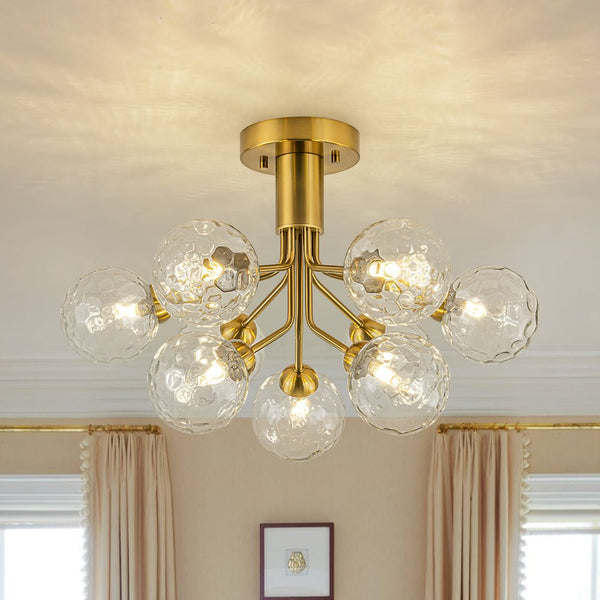 Chandelierias - Modern 9 - Light Hammered Glass Sputnik Semi - Flush Mount - Semi Flush - Gold - 