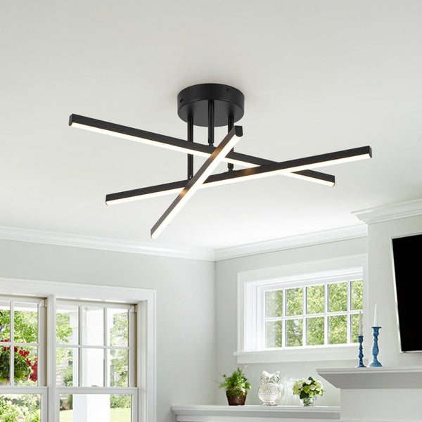 Chandelierias-Modern Black 3-Light Sputnik Linear Dimmable LED Semi-flush Mount-Semi Flush-Black-
