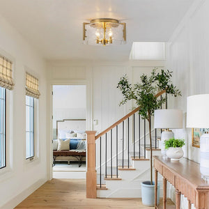 Chandelierias - Modern Brass 3 - Light Rippled Glass Drum Semi - flush Mount - Semi Flush - Brass - 