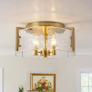 Chandelierias - Modern Brass 3 - Light Rippled Glass Drum Semi - flush Mount - Semi Flush - Brass - 
