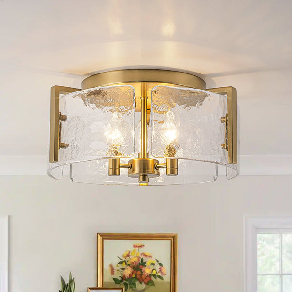 Chandelierias - Modern Brass 3 - Light Rippled Glass Drum Semi - flush Mount - Semi Flush - Brass - 