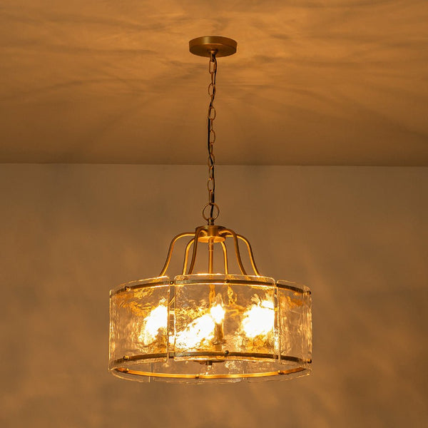 Chandelierias-Modern Brass 6-Light Rippled Glass Drum Pendant-Pendant-6 Bulbs (Back-order & Arrive in 2 Weeks)-