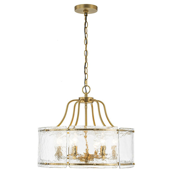 Chandelierias-Modern Brass 6-Light Rippled Glass Drum Pendant-Pendant-6 Bulbs (Back-order & Arrive in 2 Weeks)-