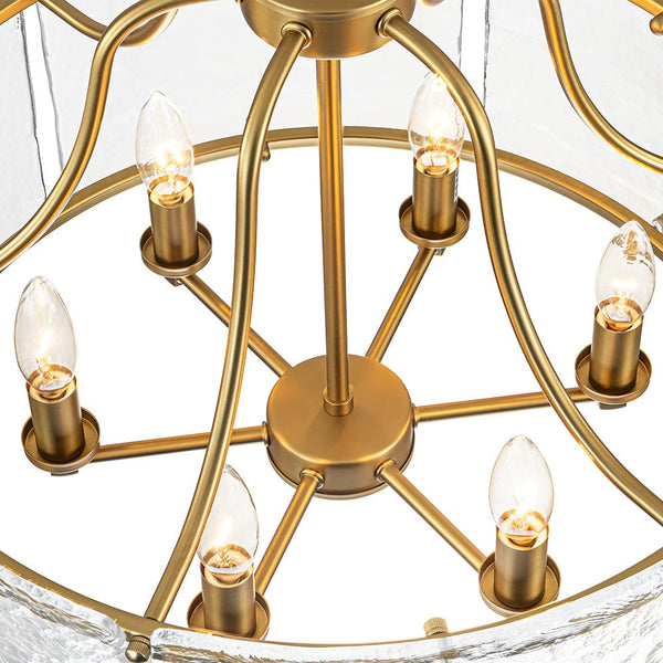 Chandelierias-Modern Brass 6-Light Rippled Glass Drum Pendant-Pendant-6 Bulbs (Back-order & Arrive in 2 Weeks)-