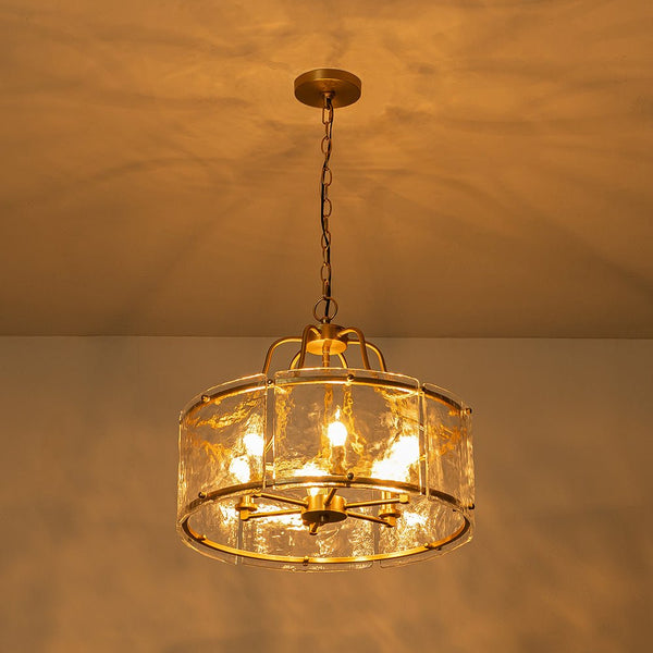 Chandelierias-Modern Brass 6-Light Rippled Glass Drum Pendant-Pendant-6 Bulbs (Back-order & Arrive in 2 Weeks)-