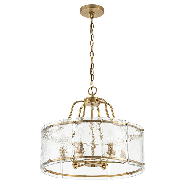 Chandelierias-Modern Brass 6-Light Rippled Glass Drum Pendant-Pendant-6 Bulbs (Back-order & Arrive in 2 Weeks)-