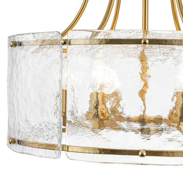 Chandelierias-Modern Brass 6-Light Rippled Glass Drum Pendant-Pendant-6 Bulbs (Back-order & Arrive in 2 Weeks)-