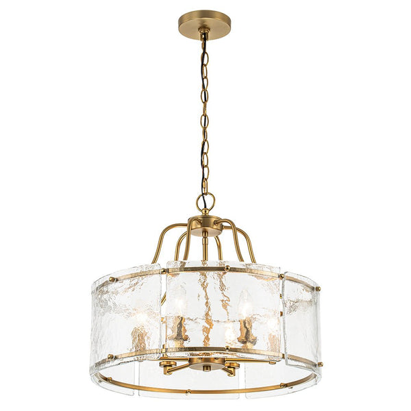 Chandelierias-Modern Brass 6-Light Rippled Glass Drum Pendant-Pendant-6 Bulbs (Back-order & Arrive in 2 Weeks)-