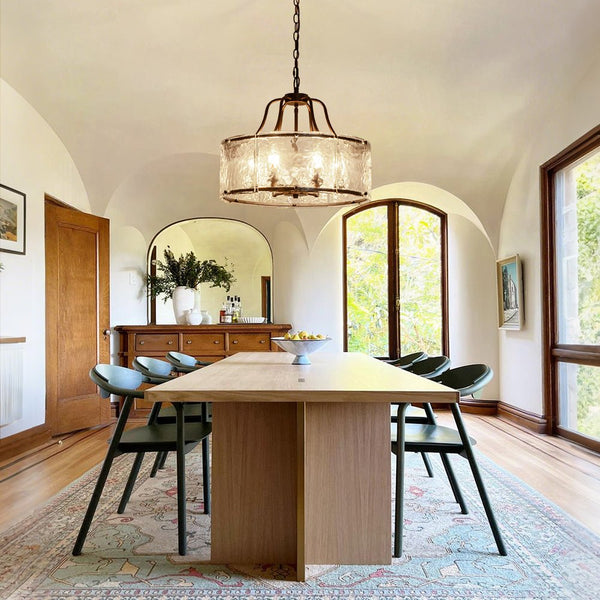 Chandelierias - Modern Brass 6 - Light Rippled Glass Drum Pendant - Pendant - Brass - 