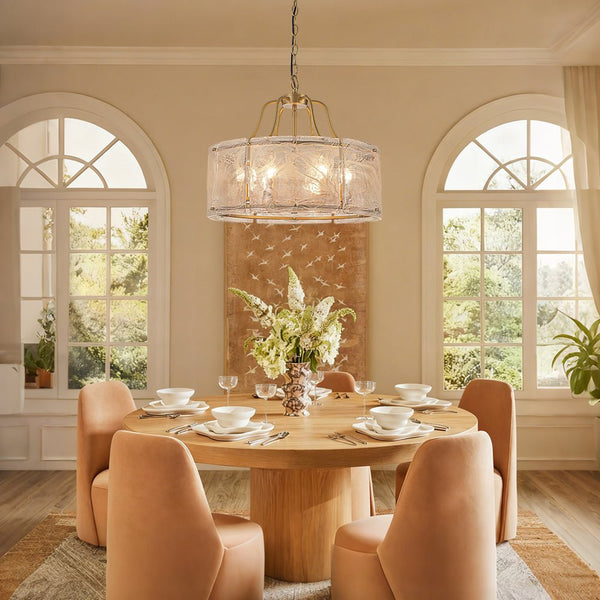 Chandelierias - Modern Brass 6 - Light Rippled Glass Drum Pendant - Pendant - Brass & Clear Glass - 