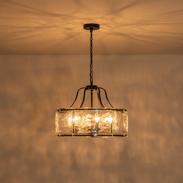 Chandelierias - Modern Brass 6 - Light Rippled Glass Drum Pendant - Pendant - Matte Black - 