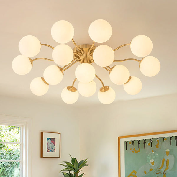 Chandelierias - Modern Brass Matte Glass Globe Sputnik Semi - Flush Mount - Semi Flush - Brass - 16 Bulbs