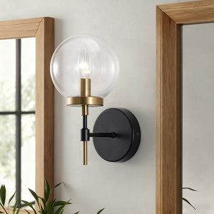 Chandelierias - Modern Farmhouse 1 - Light Clear Glass Globe Armed Wall Sconce - Wall Light - Brass & Black - 