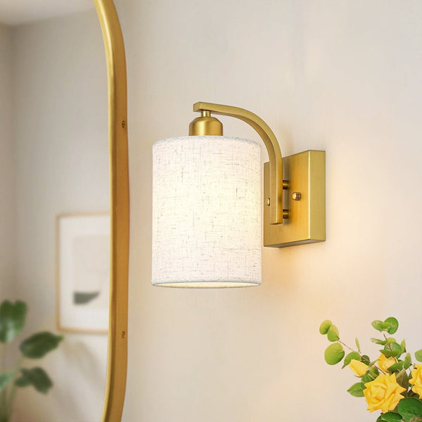 Chandelierias-Modern Farmhouse 1-Light Cylindrical Textured Linen Fabric Wall Sconce-Wall Light-Gold-