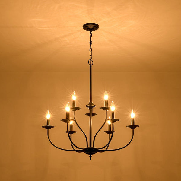 Chandelierias - Modern Farmhouse 9 - Light Candlestick Tiered Chandelier - Pendant - Matte Black - 