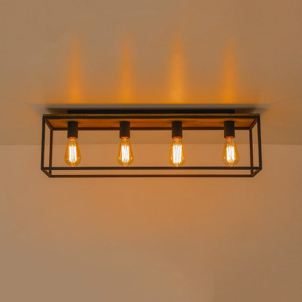 Chandelierias - Modern Farmhouse Wood Rectangle Cage Semi - Flush Mount - Semi Flush - Black - 4 Bulbs