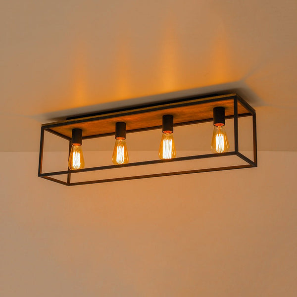 Chandelierias - Modern Farmhouse Wood Rectangle Cage Semi - Flush Mount - Semi Flush - Black - 4 Bulbs