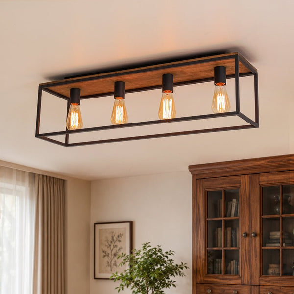 Chandelierias - Modern Farmhouse Wood Rectangle Cage Semi - Flush Mount - Semi Flush - Black - 4 Bulbs