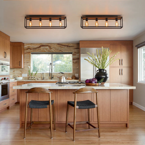 Chandelierias - Modern Farmhouse Wood Rectangle Cage Semi - Flush Mount - Semi Flush - Black - 5 Bulbs