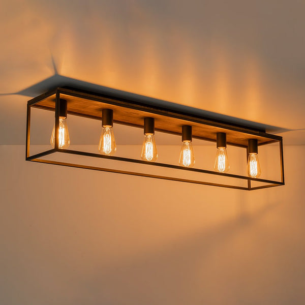 Chandelierias - Modern Farmhouse Wood Rectangle Cage Semi - Flush Mount - Semi Flush - Black - 6 Bulbs