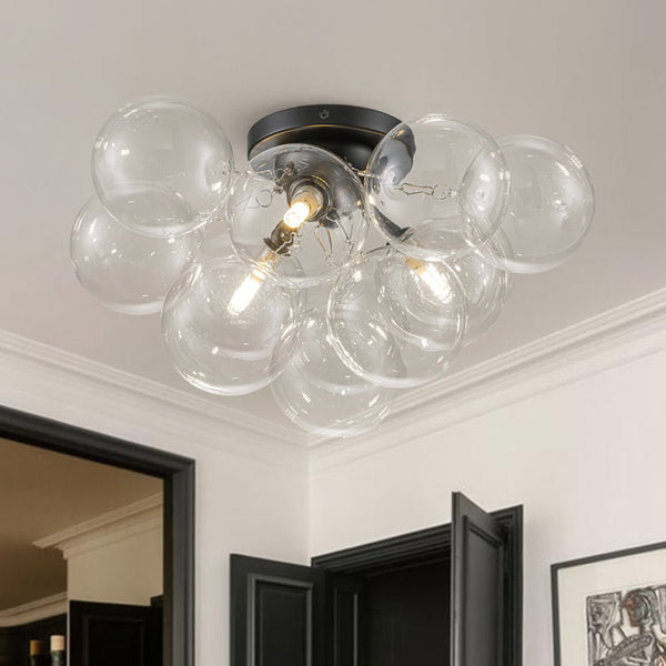 Chandelierias - Modern Glam 3 - Light Hand - blown Glass Cluster Bubble Semi - flush Mount - Semi Flush - Black & Clear Glass - 