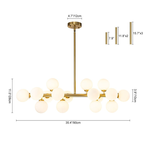 Chandelierias - Modern Linear 16 - Light Milky Glass Globe Chandelier - Chandelier - Brass - 16 Bulbs
