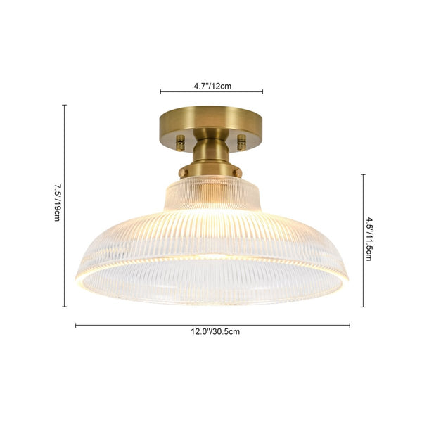 Chandelierias-Modern Ribbed Glass Brass Single-Light Semi-flush Mount-Semi Flush-Brass-