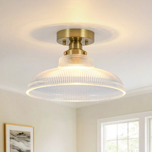 Chandelierias-Modern Ribbed Glass Brass Single-Light Semi-flush Mount-Semi Flush-Brass-