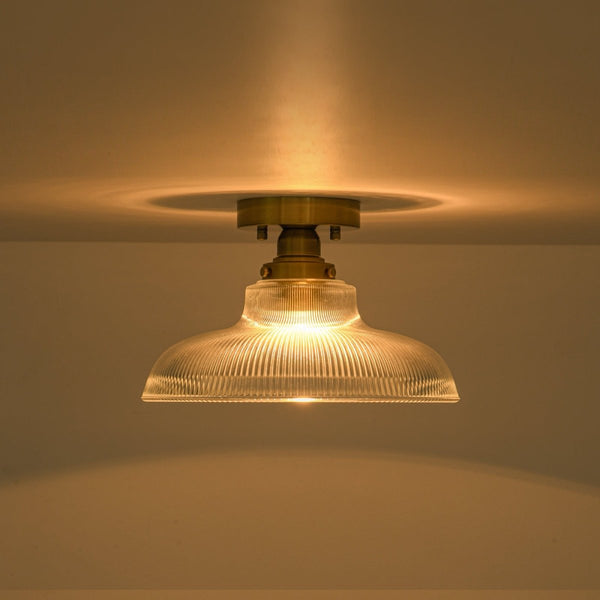 Chandelierias-Modern Ribbed Glass Brass Single-Light Semi-flush Mount-Semi Flush-Brass-