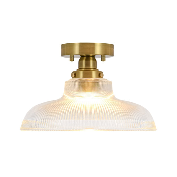 Chandelierias-Modern Ribbed Glass Brass Single-Light Semi-flush Mount-Semi Flush-Brass-