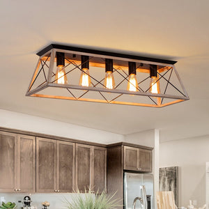 Chandelierias - Modern Rustic 5 - Light Rectangle Cage Grid Semi - Flush Mount - Flush Mount - Light Brown - 